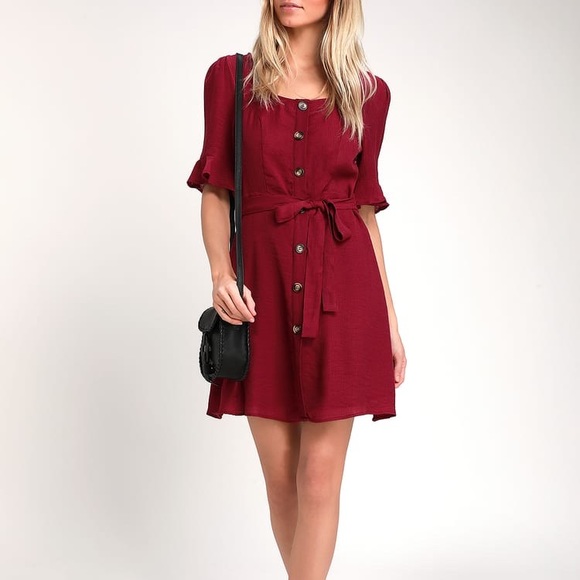 Lulu’s NOAH BURGUNDY FLOUNCE SLEEVE MINI DRESS - Picture 1 of 8
